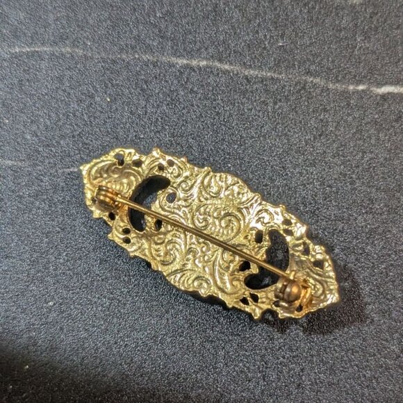 Vintage Gold Brooch With Rose Cameo & Pink Rhinestones 2.5" Floral Design Elegan - Picture 4 of 6